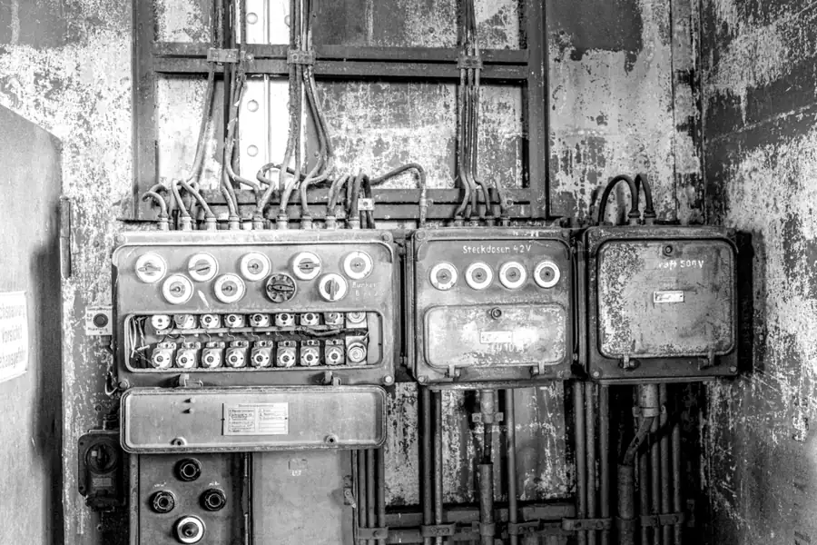 Alte Elektroverteilung mit Porzellansicherungen und Aufputzleitungen auf verwitterter Wand, Schwarzweißfoto